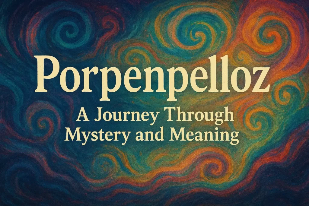 Abstract swirling artwork with the text ‘Porpenpelloz: A Journey Through Mystery and Meaning,’ representing the concept of creative ambiguity and exploration