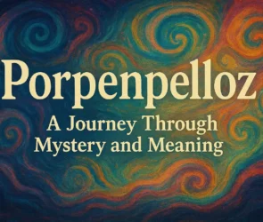 Abstract swirling artwork with the text ‘Porpenpelloz: A Journey Through Mystery and Meaning,’ representing the concept of creative ambiguity and exploration