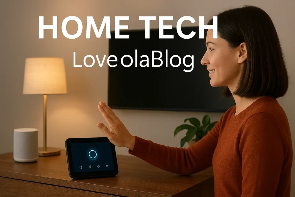A woman using a smart home control device with modern tech gadgets in a cozy living room setting.