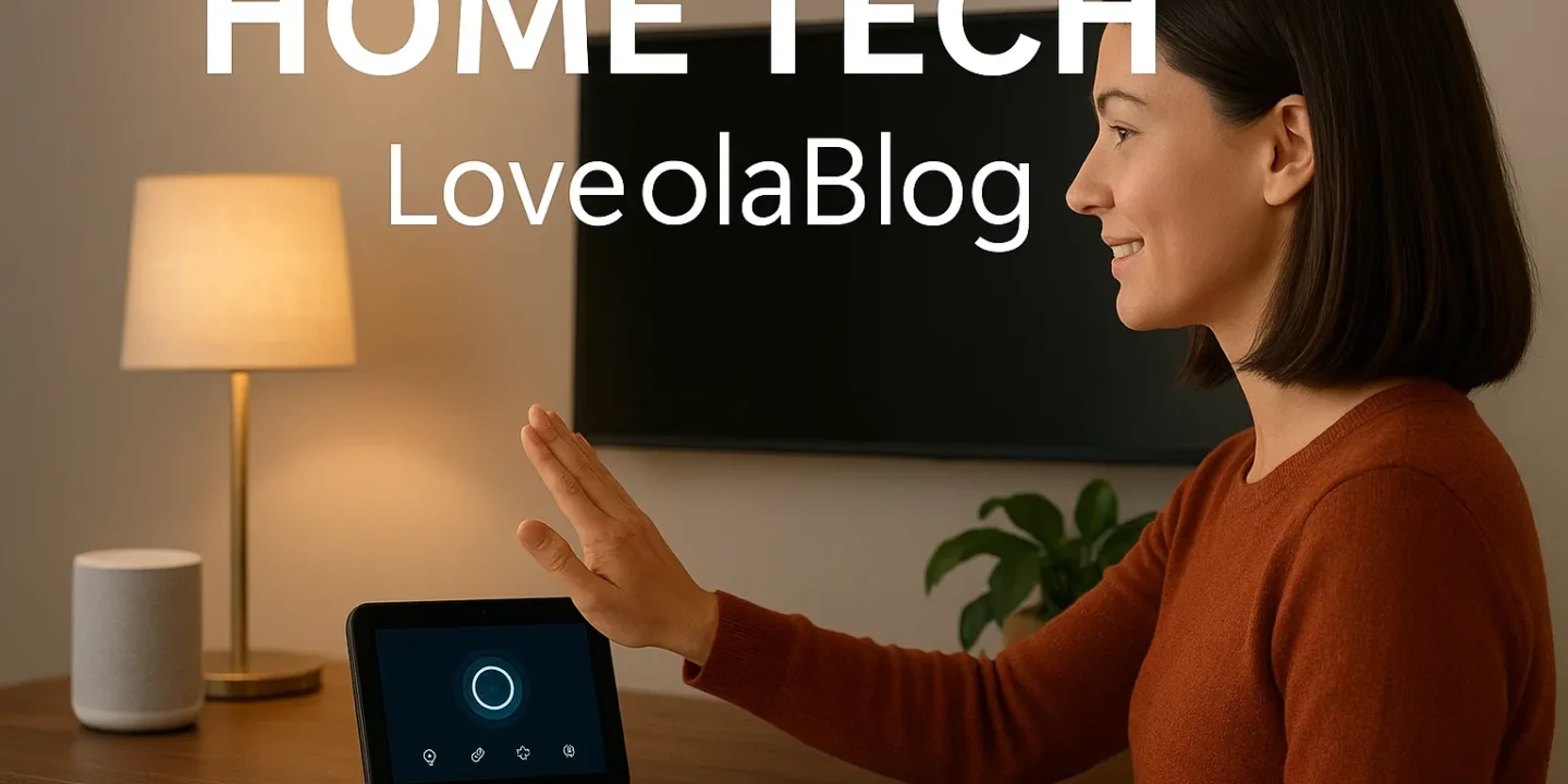 Home Tech LoveLolablog: Redefining Modern Living through Innovative Technology 1 A woman using a smart home control device with modern tech gadgets in a cozy living room setting.
