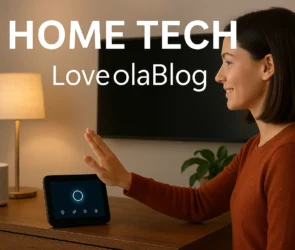 A woman using a smart home control device with modern tech gadgets in a cozy living room setting.
