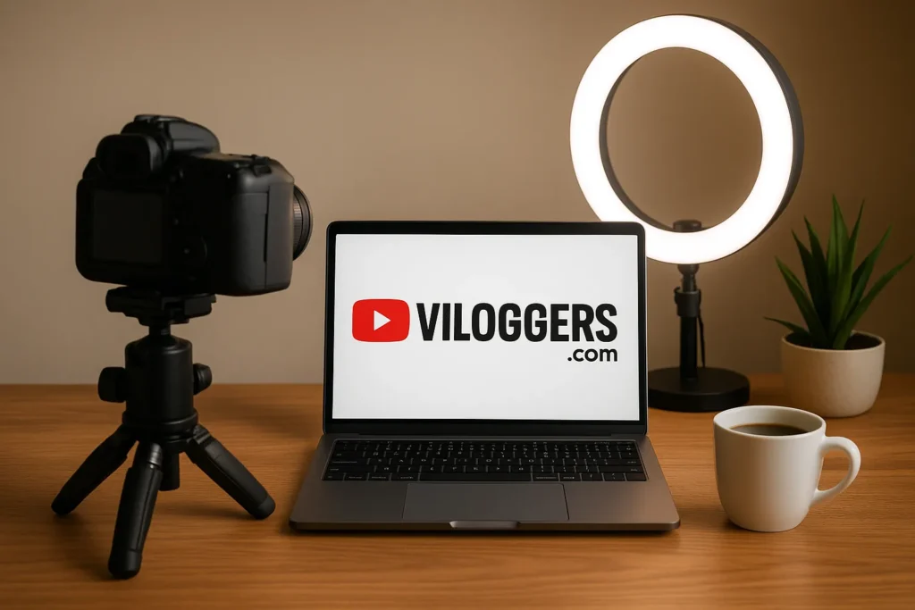 A creative vlogger workspace with camera, microphone, lighting equipment, and a laptop for professional video creation.