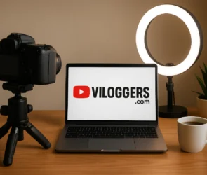 A creative vlogger workspace with camera, microphone, lighting equipment, and a laptop for professional video creation.