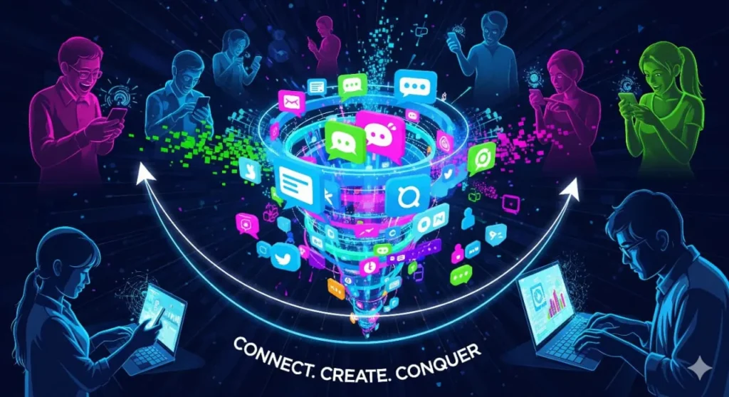 Futuristic digital illustration of people using smartphones and laptops connected through a colorful vortex of social media icons, symbolizing online communication, creativity, and digital networking with the words Connect. Create. Conquer." Short Meta Description (SEO): "Vibrant digital artwork showing people connected through a swirl of social media icons, highlighting online communication, creativity, and digital networking.