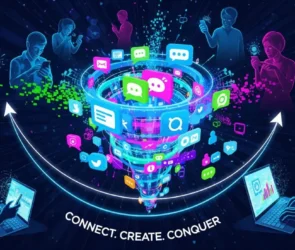 Futuristic digital illustration of people using smartphones and laptops connected through a colorful vortex of social media icons, symbolizing online communication, creativity, and digital networking with the words Connect. Create. Conquer." Short Meta Description (SEO): "Vibrant digital artwork showing people connected through a swirl of social media icons, highlighting online communication, creativity, and digital networking.