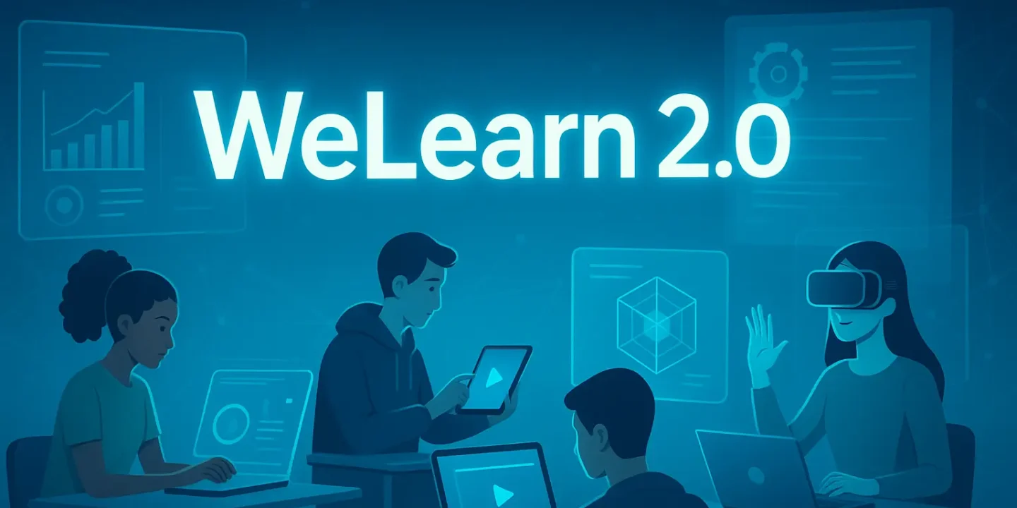 WeLearn 2.0 : A New Era of Smarter, Adaptive, and Inclusive Digital Education 1 A futuristic digital classroom featuring diverse learners using laptops, VR headsets, and holographic displays, symbolizing WeLearn 2.0’s innovation in adaptive learning.