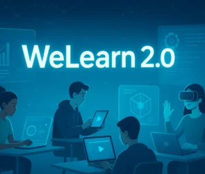 A futuristic digital classroom featuring diverse learners using laptops, VR headsets, and holographic displays, symbolizing WeLearn 2.0’s innovation in adaptive learning.