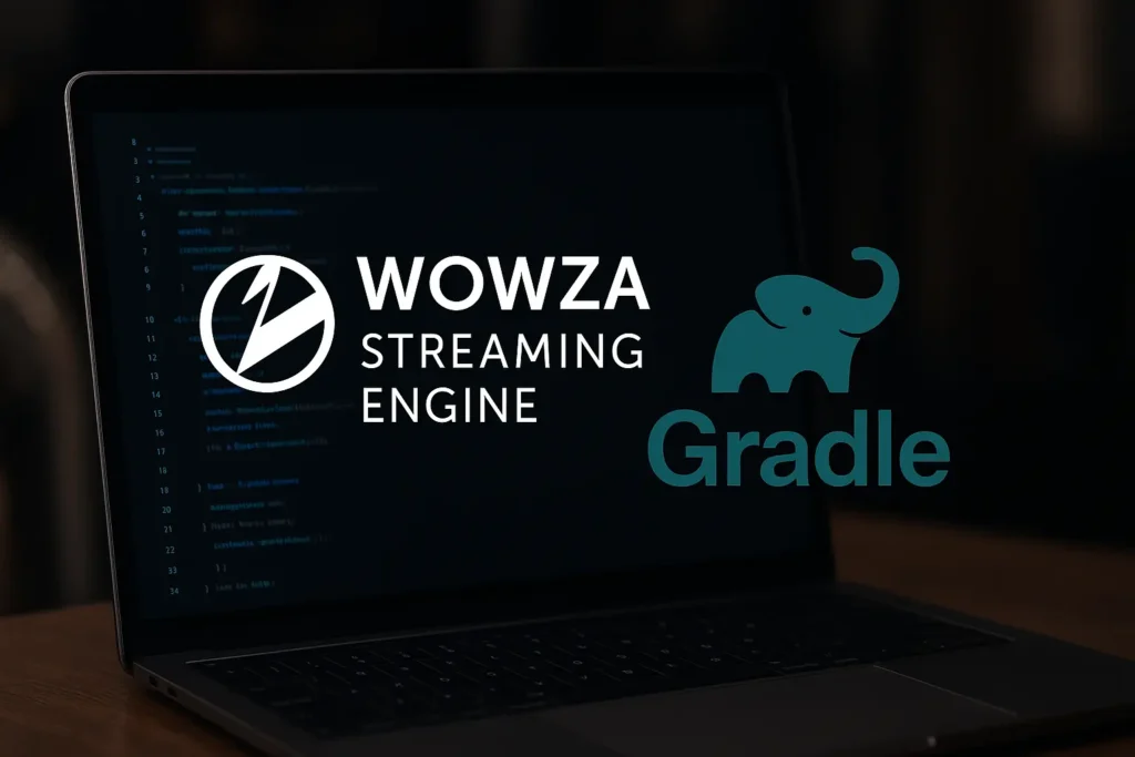 Wowza Streaming Engine and Gradle integration on laptop screen for software automation and live streaming development.