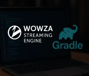 Wowza Streaming Engine and Gradle integration on laptop screen for software automation and live streaming development.