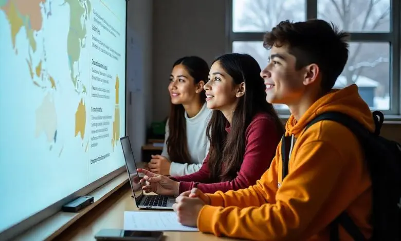 Three students actively engaged in a digital classroom, learning with laptops and an interactive screen displaying global education content.
